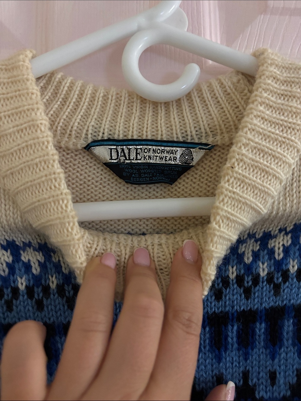 Dale of Norway Cream and Blue Fair Isle Crewneck Sweater - Picture 3 of 4